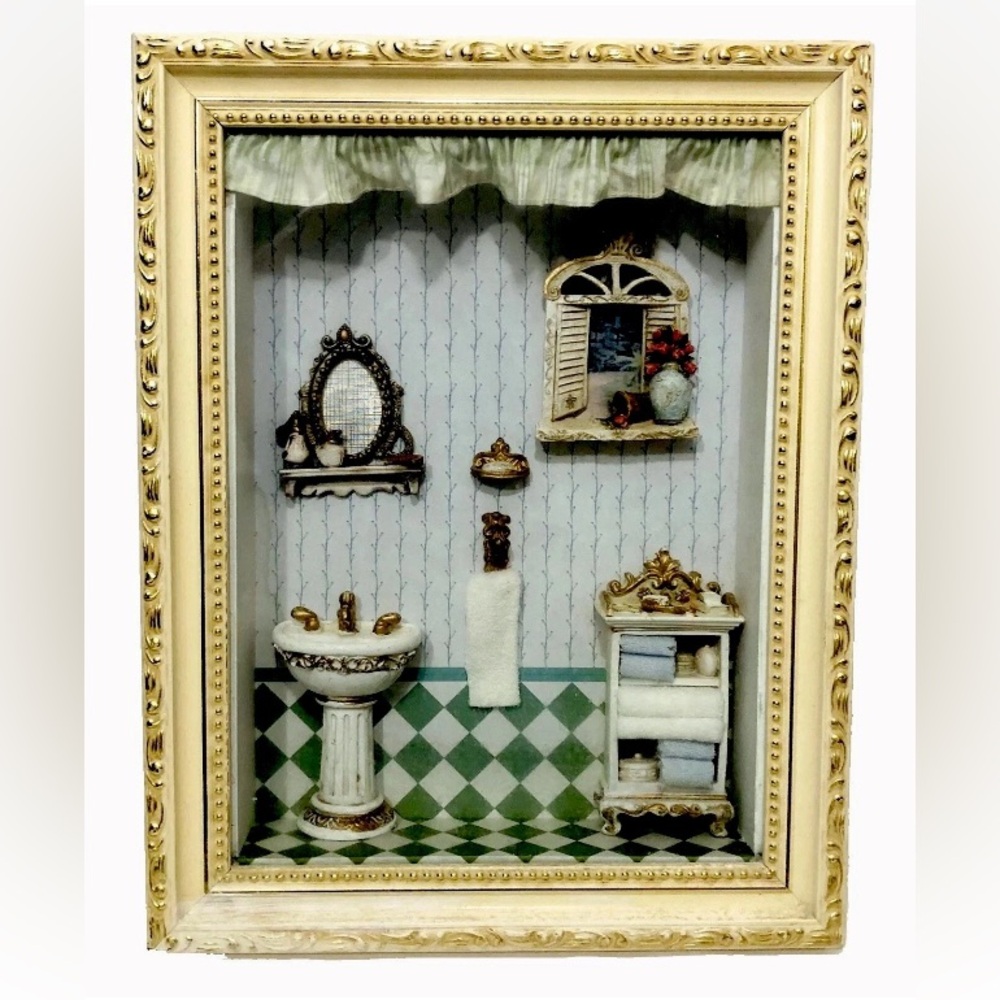 Hand Crafted Cream and Green Miniature Bathroom Shadow Box